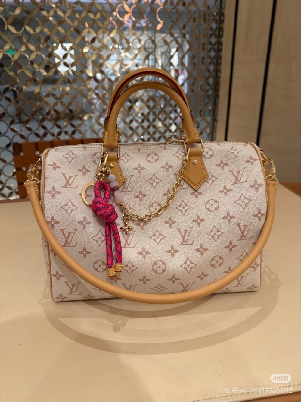 Louis Vuitton Cream & Pink Monogram Satchel with Tan Leather Trim